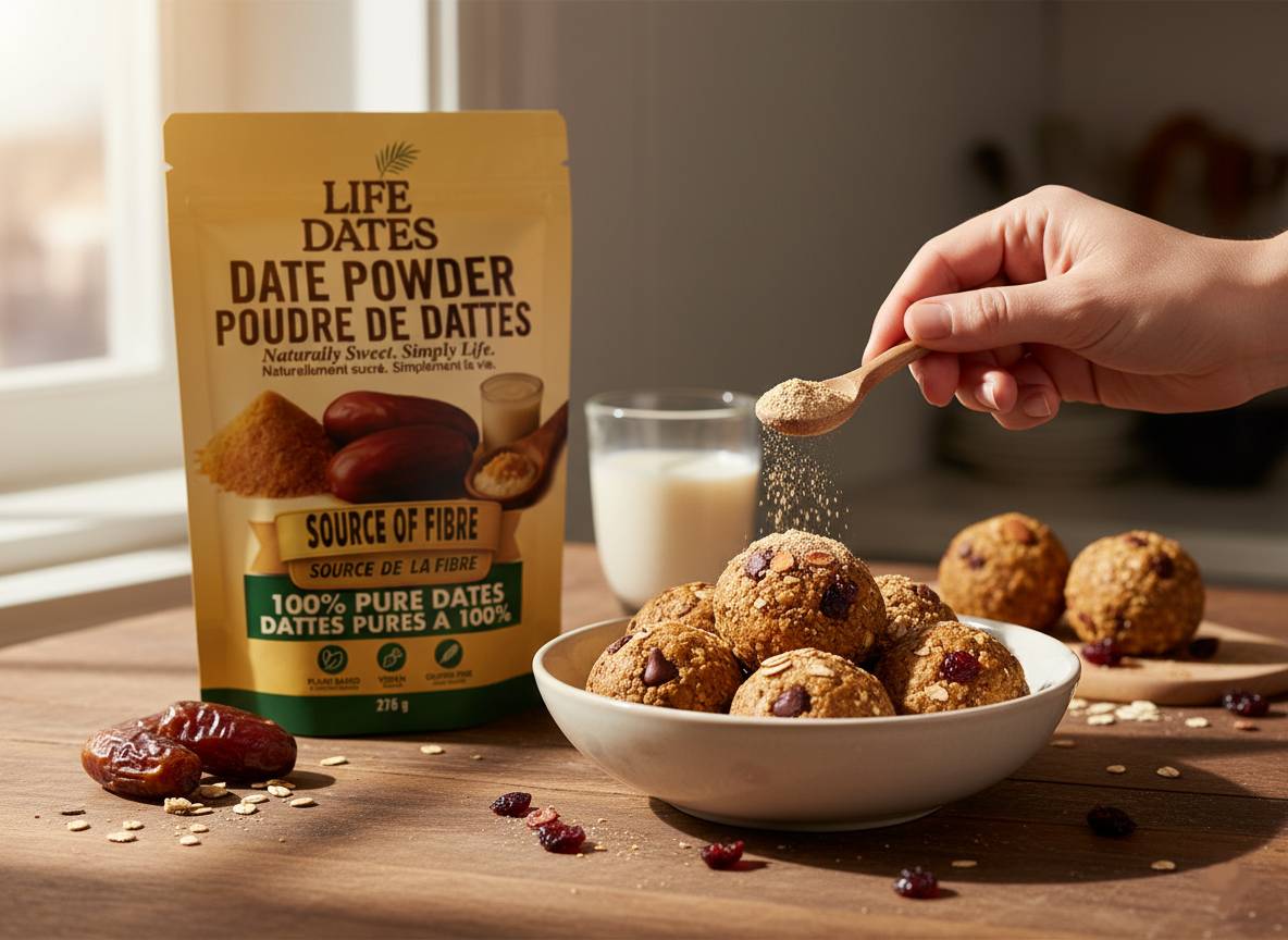 Life Dates date powder and whole dates, original brand editorial image