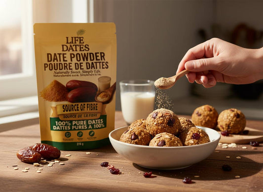 Life Dates date powder and whole dates, original brand editorial image