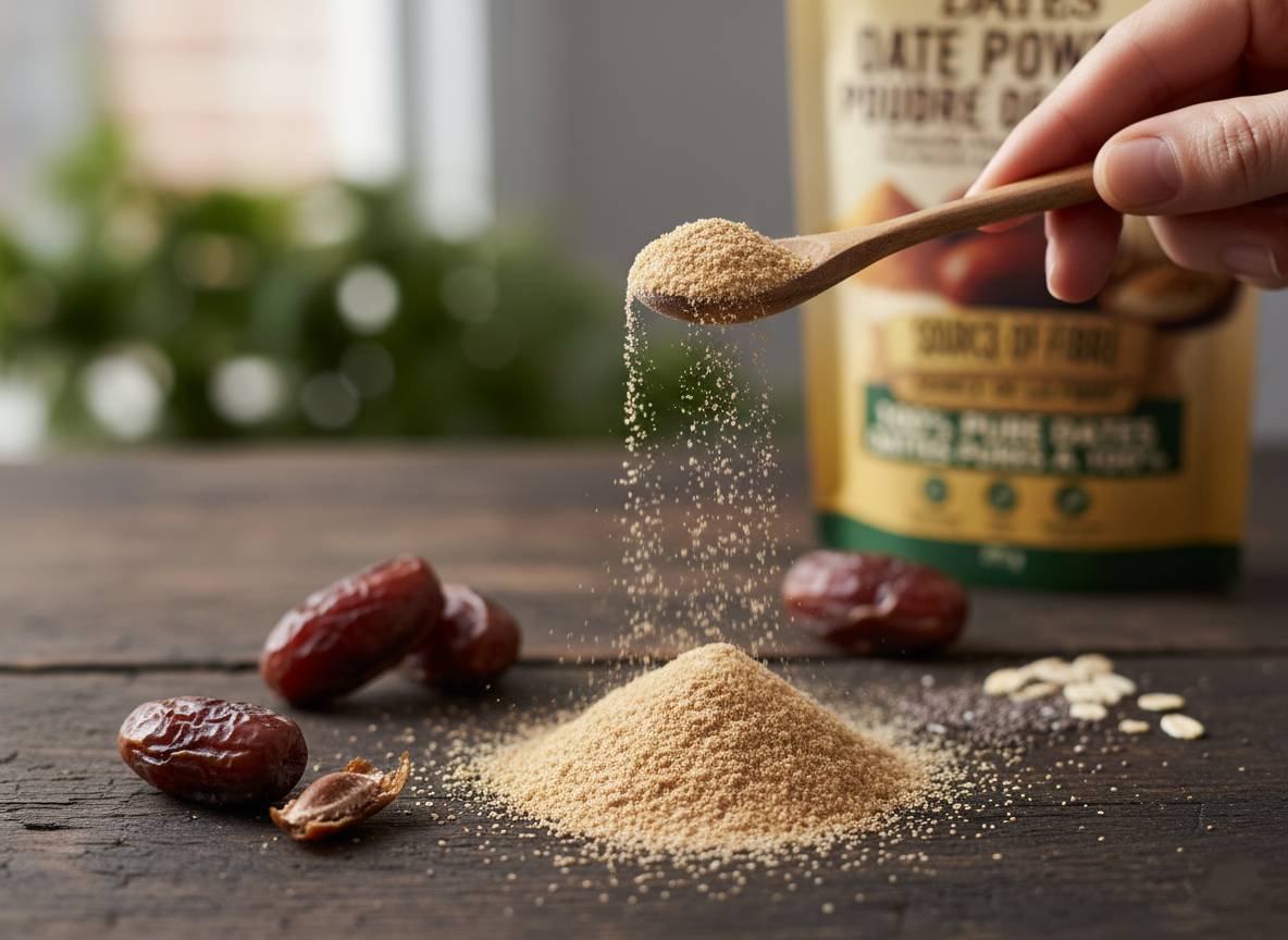 A spoon sprinkling Life Dates date powder beside whole dates