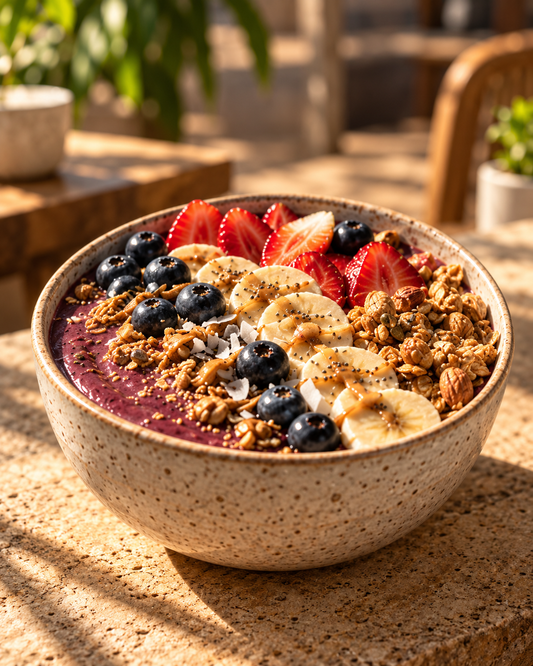 Açaí bowl topped with berries, banana and granola, serving inspiration