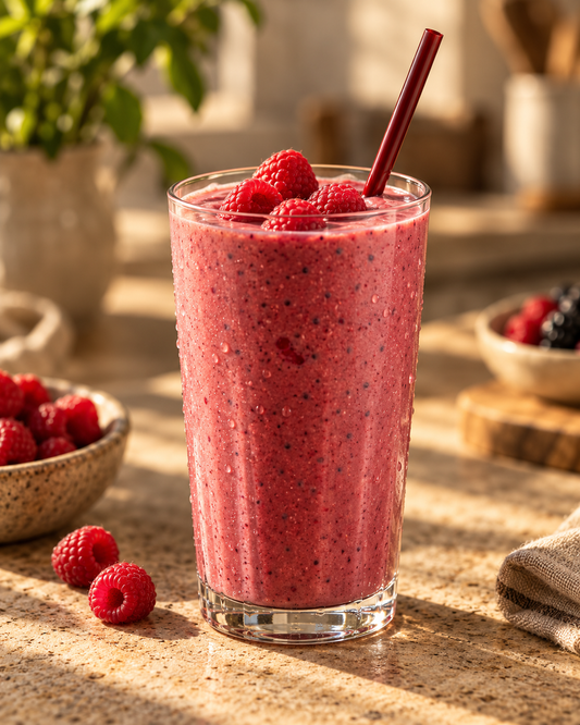 Berry smoothie with fresh raspberries, serving inspiration