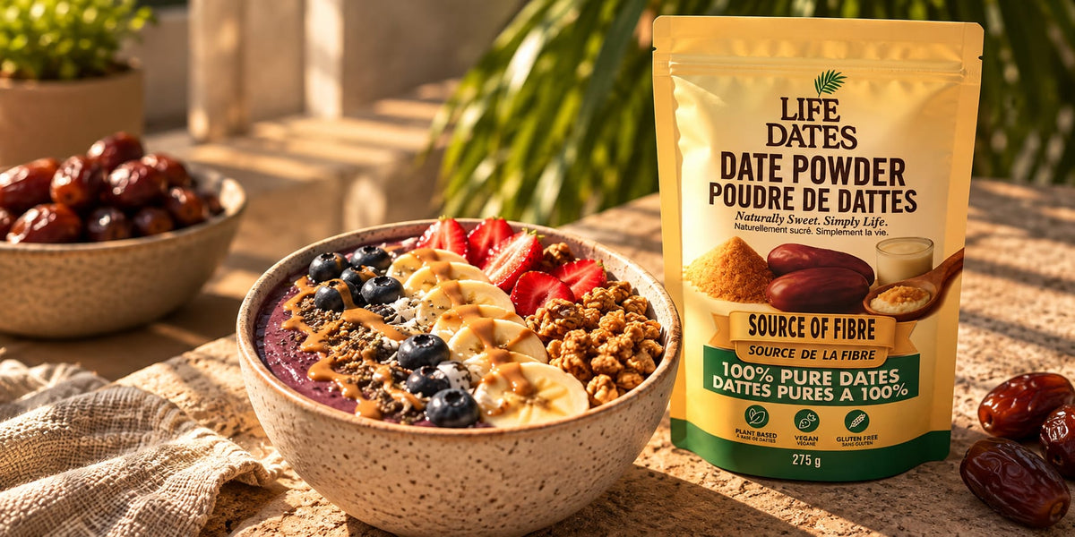 Life Dates Date Powder beside a fruit bowl in warm natural light