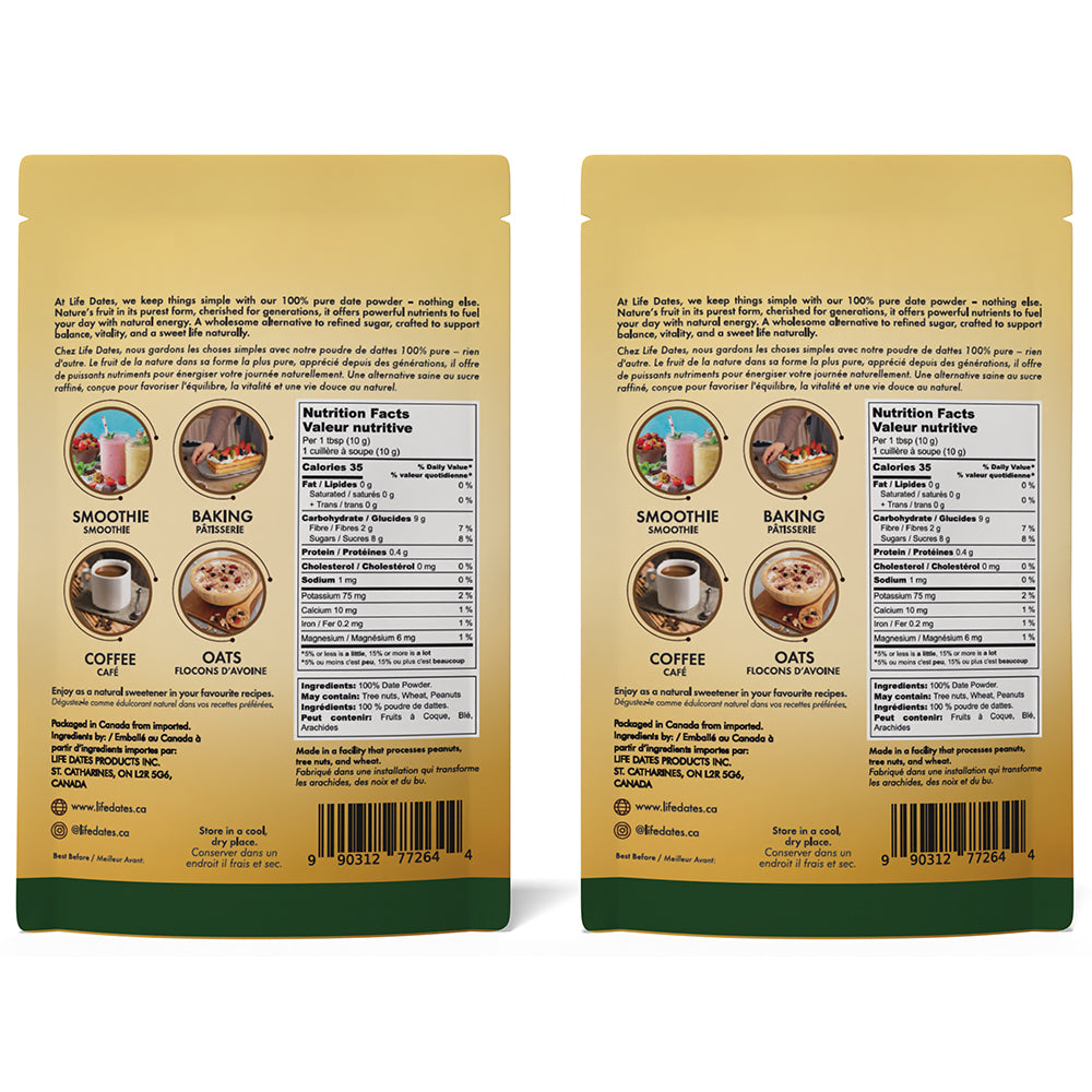 Life Dates Date Powder Bundle & Save, two 275 g pouches, back packaging and product information