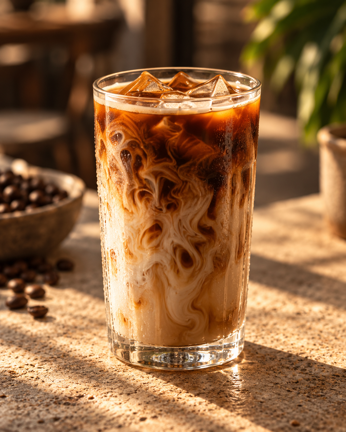 Iced coffee with cream and ice in warm natural light