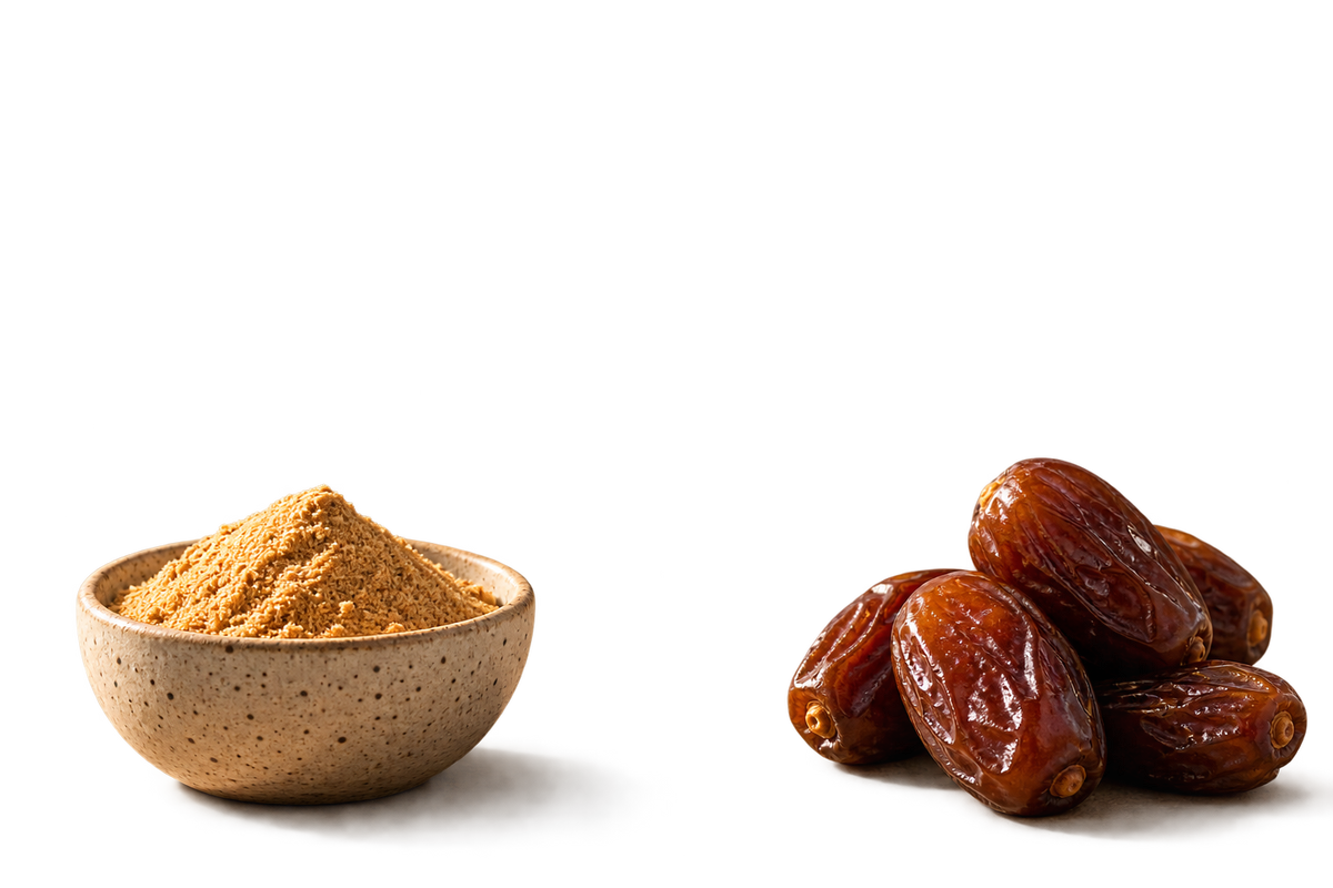 A bowl of date powder beside whole dates