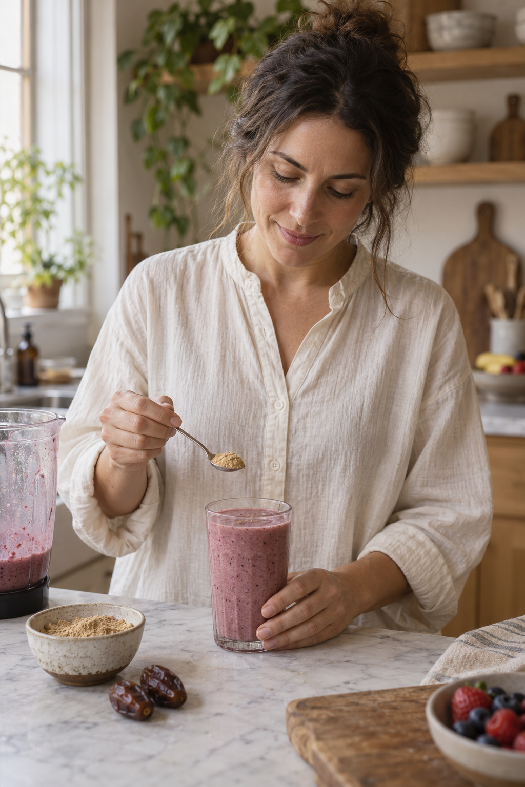 Woman adding a spoonful of date powder to a berry smoothie in a kitchen