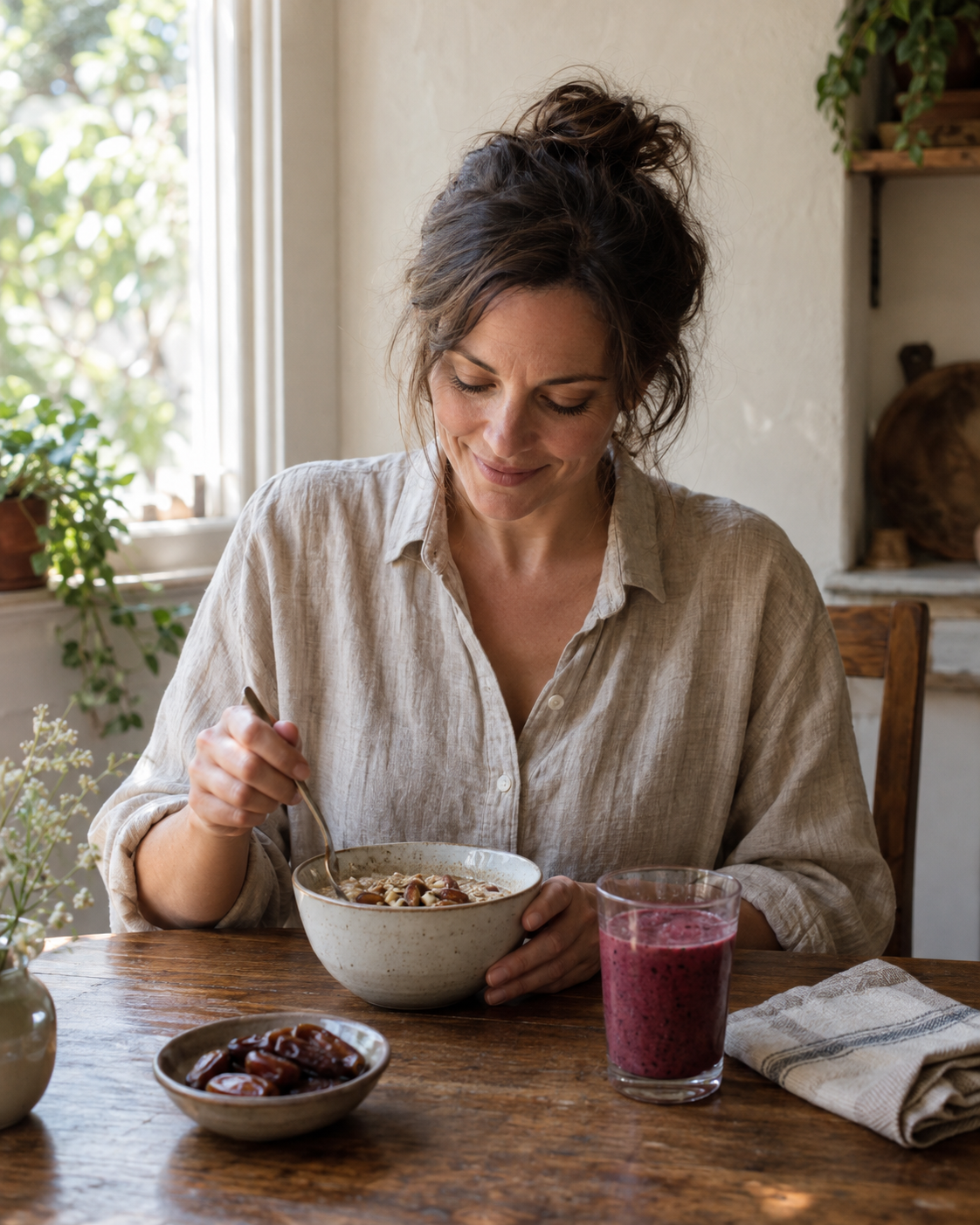 Woman in a linen shirt enjoying oatmeal and a berry smoothie at a sunlit breakfast table