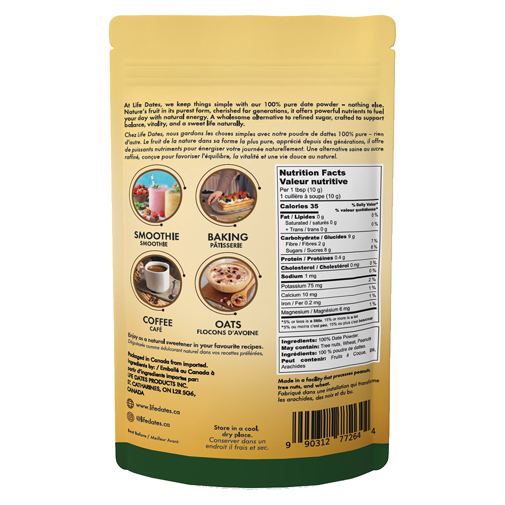 Life Dates Date Powder 275 g pouch, back packaging and nutrition label
