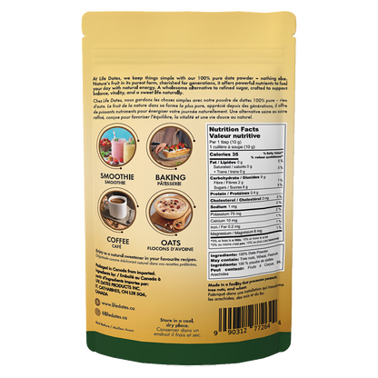 Life Dates Date Powder 275 g pouch, back packaging and nutrition label