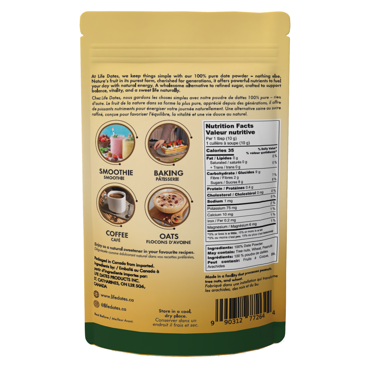 Life Dates Date Powder 275 g pouch, back packaging and product information