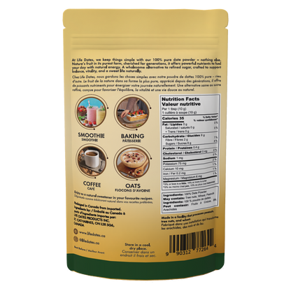 Life Dates Date Powder 275 g pouch, back packaging and product information